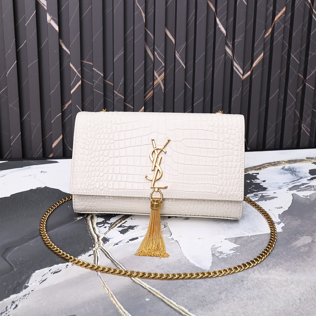 Saint Laurent Kate Medium Chain Bag With Tassel In Shiny White