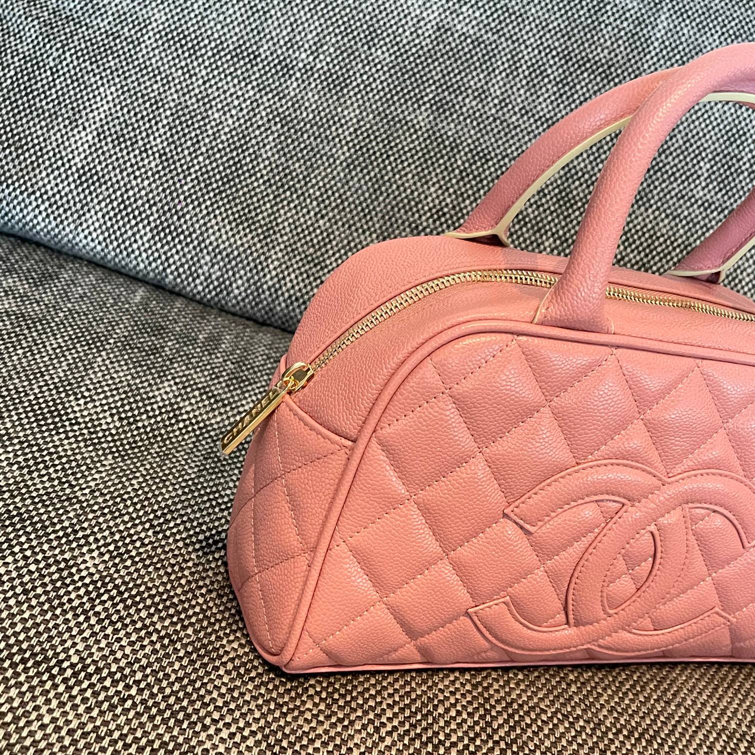 Vintage Pink Quilted Caviar Leather Boston Handbag with Gold-Tone Hardware
