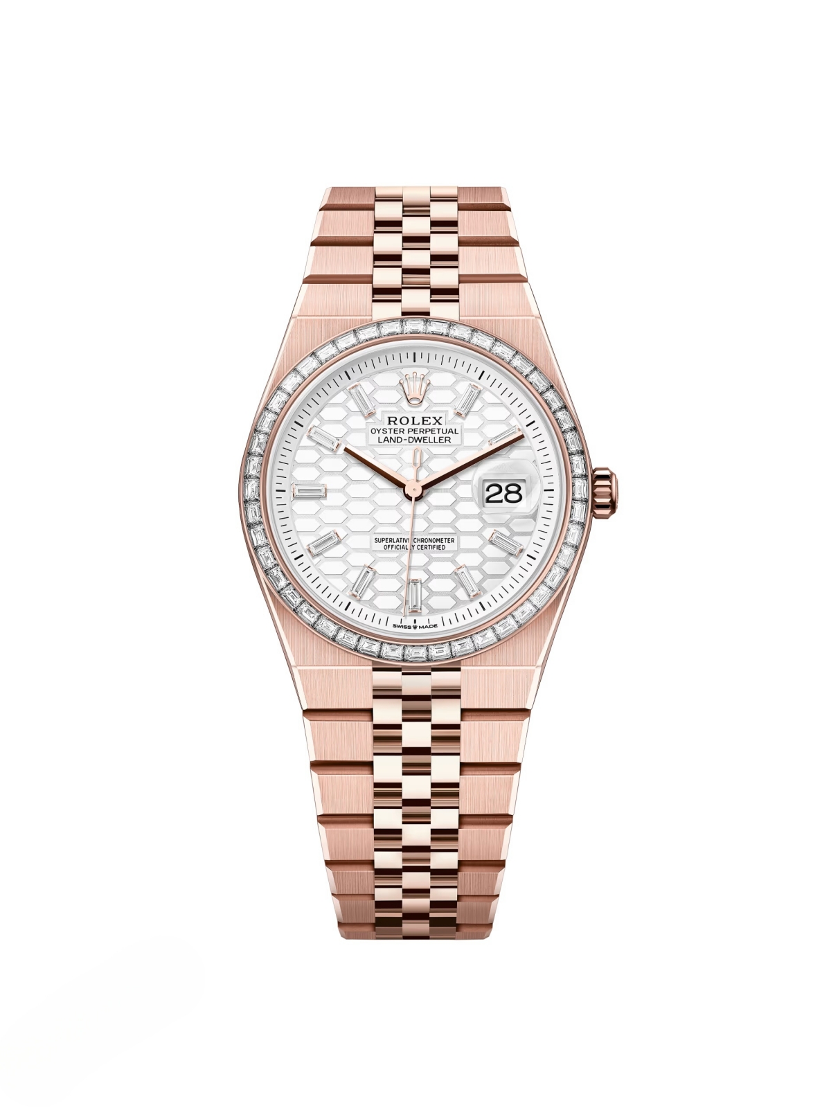 Rolex Land-Dweller 127285TBR-0002 White Honeycomb Dial Diamond Everose Jubilee Bracelet 36mm
