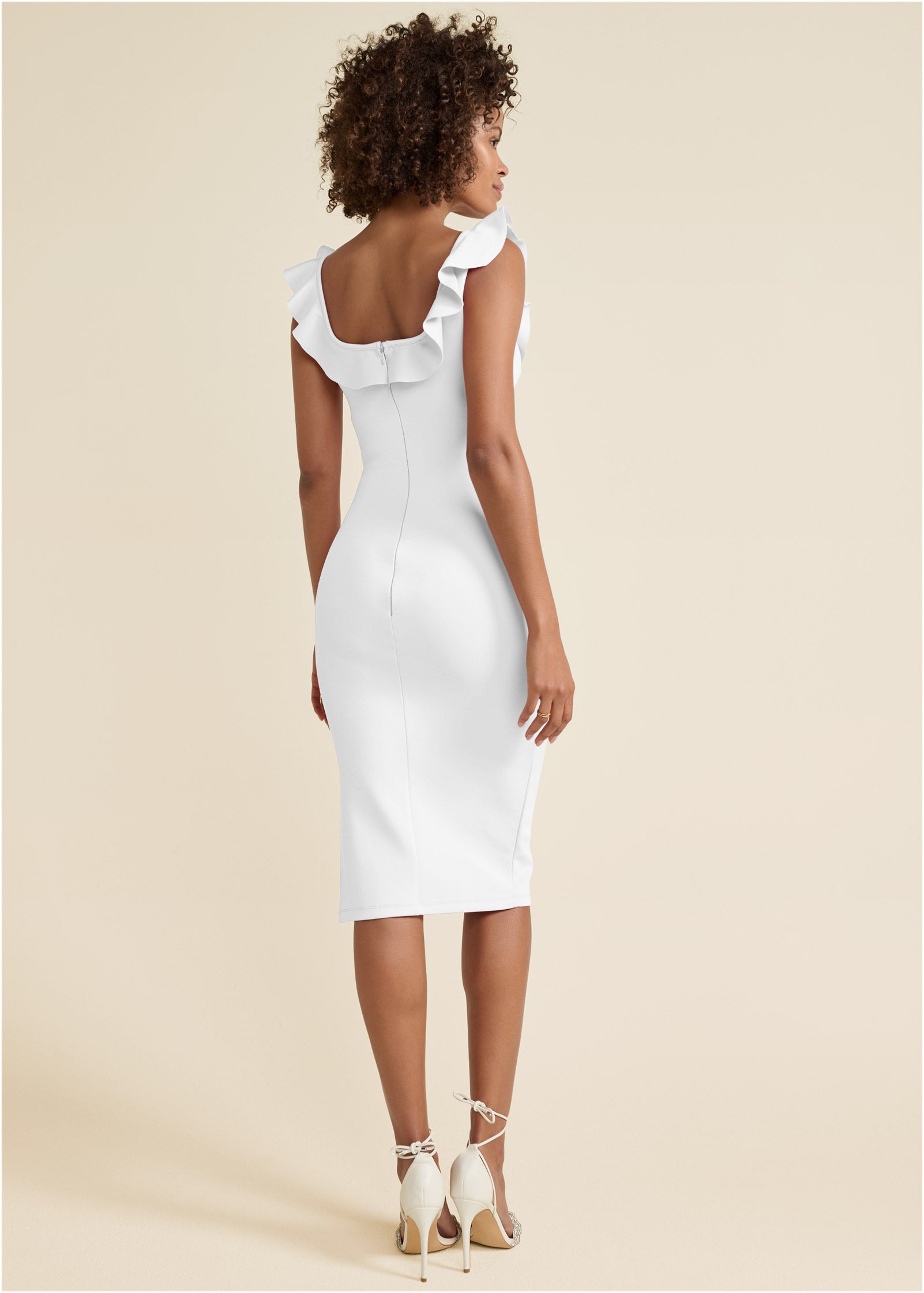 Ruffle Neck Midi Dress – White