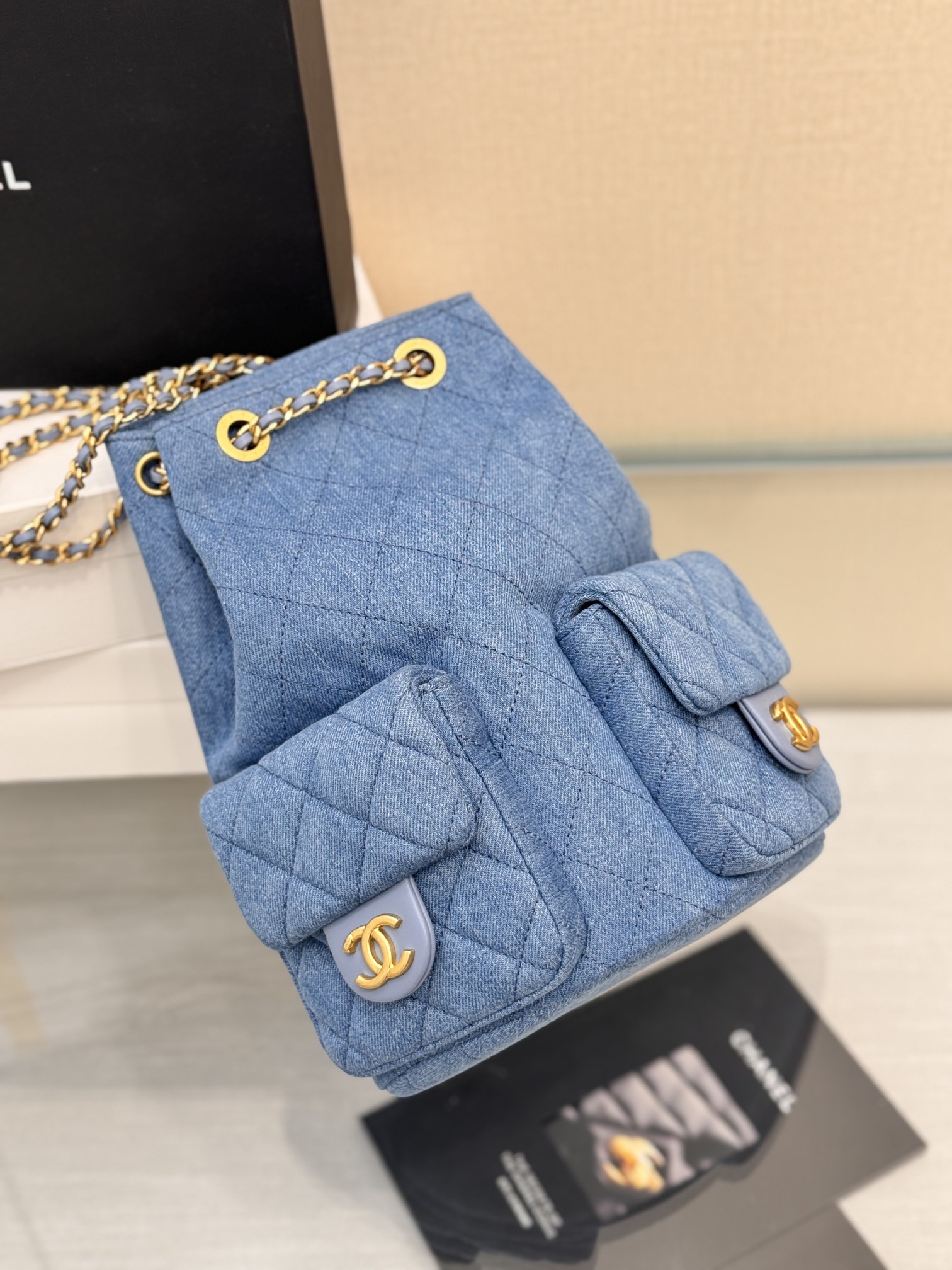 Drawstring Bucket Backpack（Light Denim Blue）