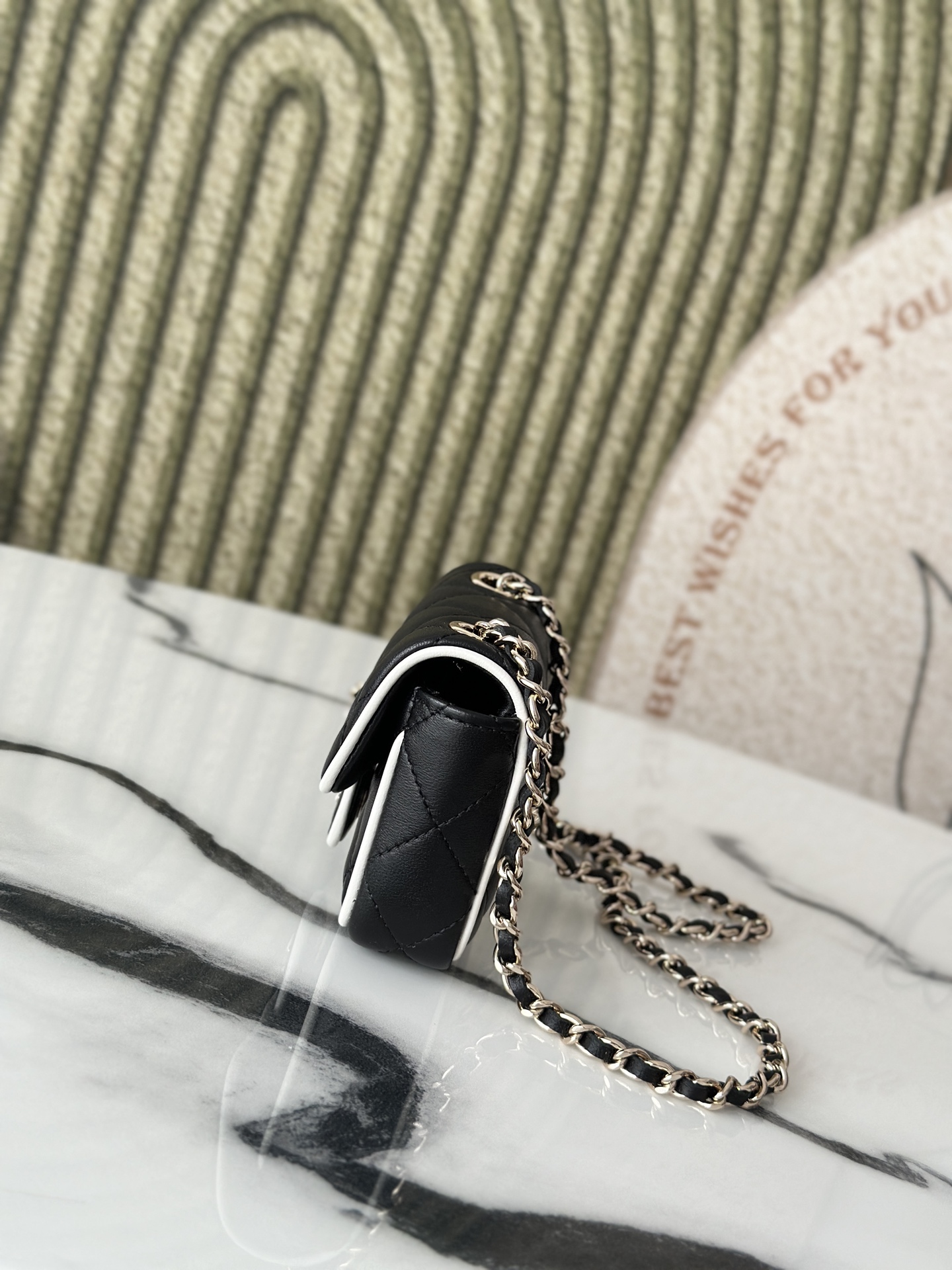 Mini Classic Flap in Black Quilted Lambskin with White Piping and SilverGold-Tone Hardware