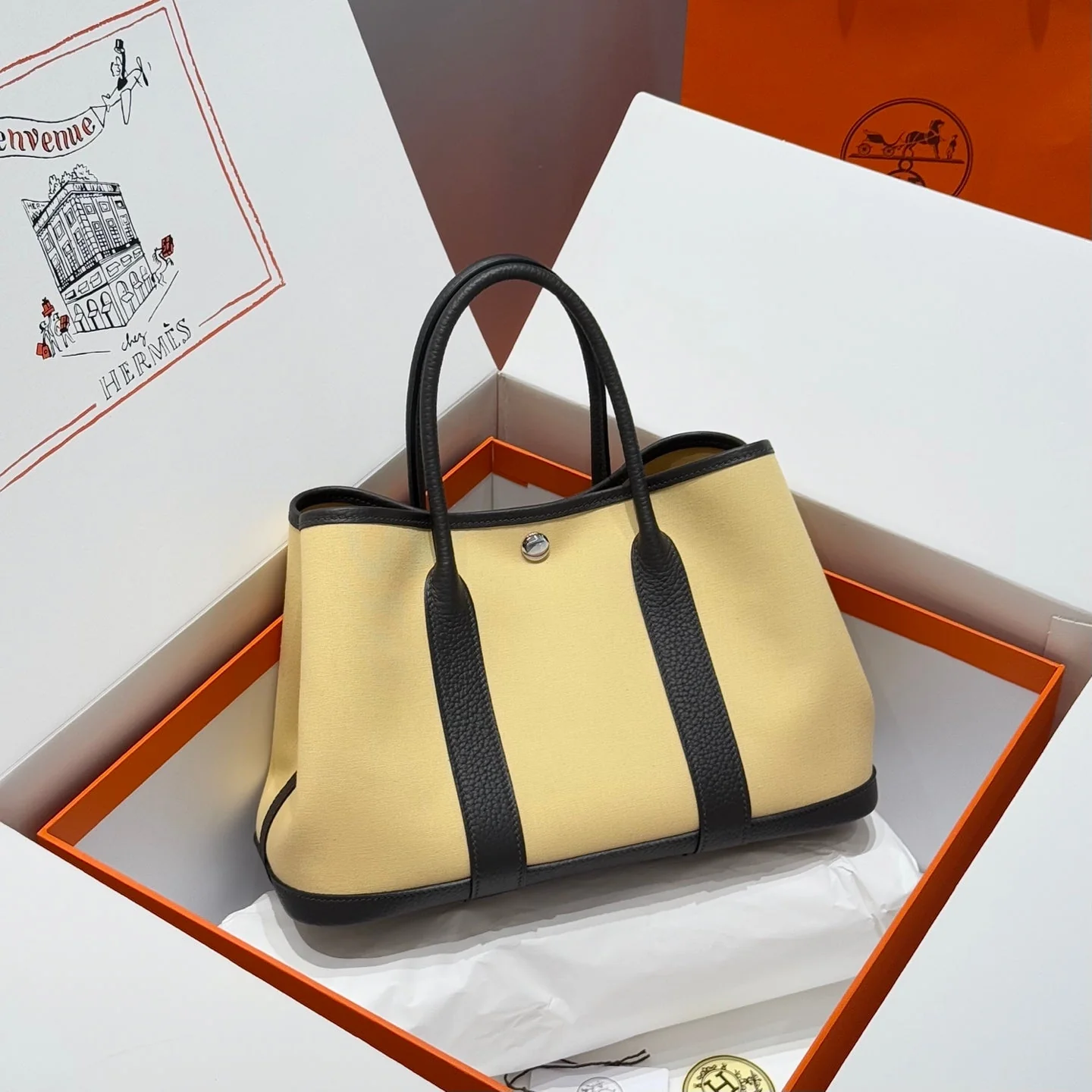 HM Garden Party 30cm Bag Black Togo Light Beige Canvas