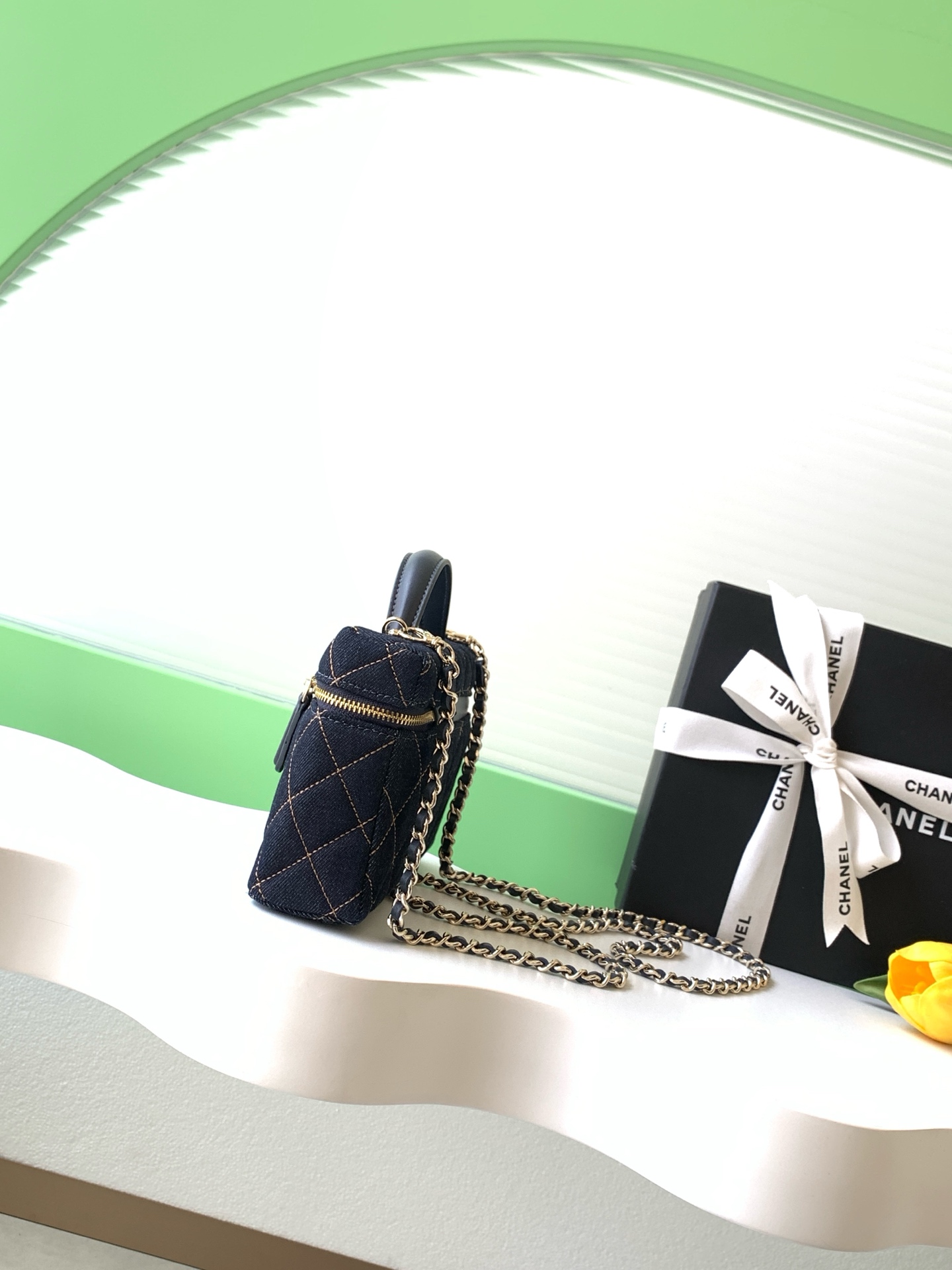 26P Pre-Collection Quilted Denim LP Top Handle Vanity Case in Dark Blue with Gold Hardware (Model AP4385)