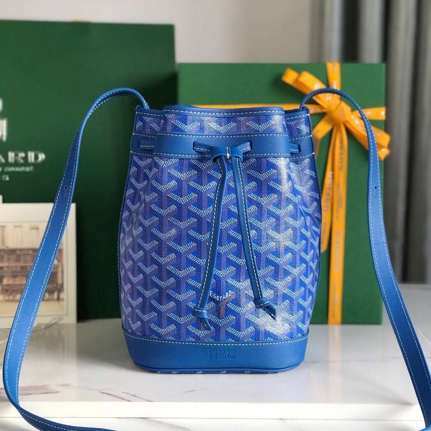 Goyard Petit Flot Bucket Bag 22 Cm Sapphire Blue Goyardine Canvas And Lambskin Trim