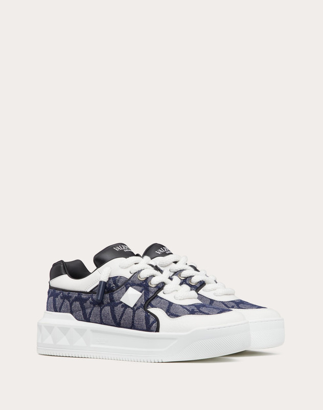 VALENTINO ONE STUD XL LOW-TOP SNEAKER IN DENIM-EFFECT TOILE ICONOGRAPHE JACQUARD FABRIC