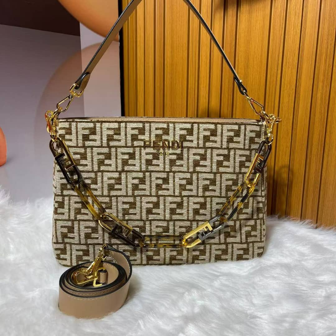 Fendi Olock Zip Dove Brown Tapestry Fabric Bag