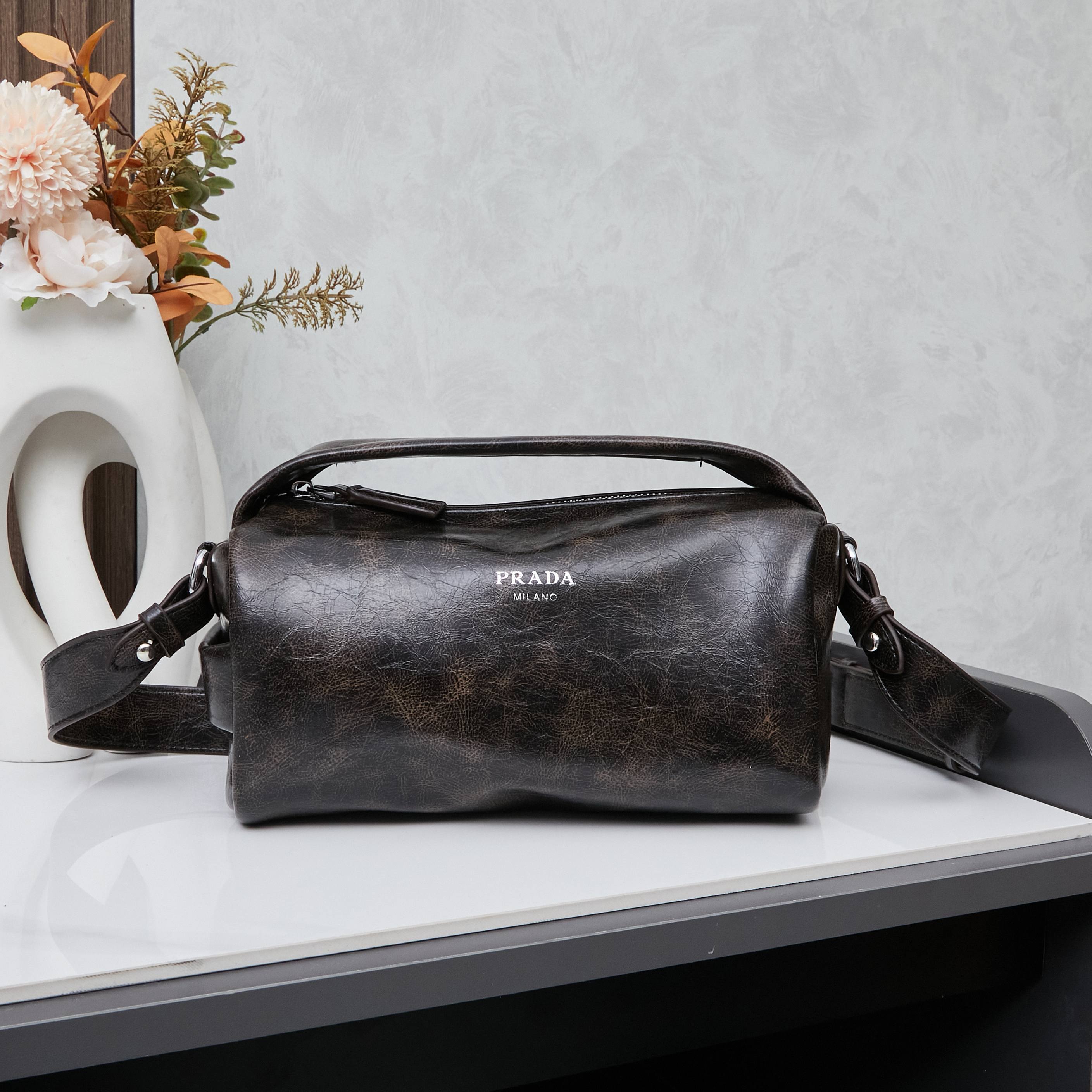 PRADA 25 Runway Collection Unisex Distressed Waxed Leather Lunchbox Bag