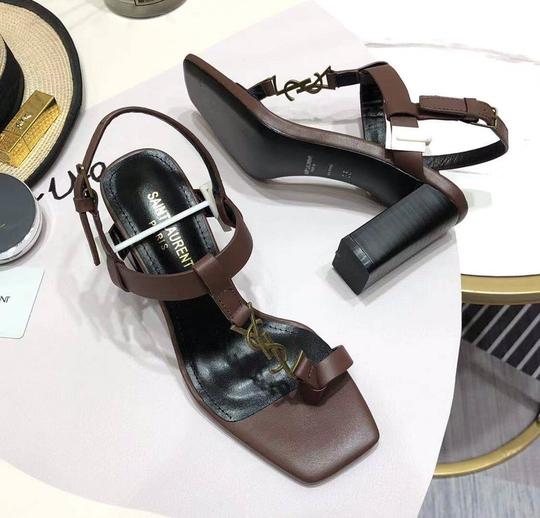 Saint Laurent Cassandra Leather Slingback Sandals Brown