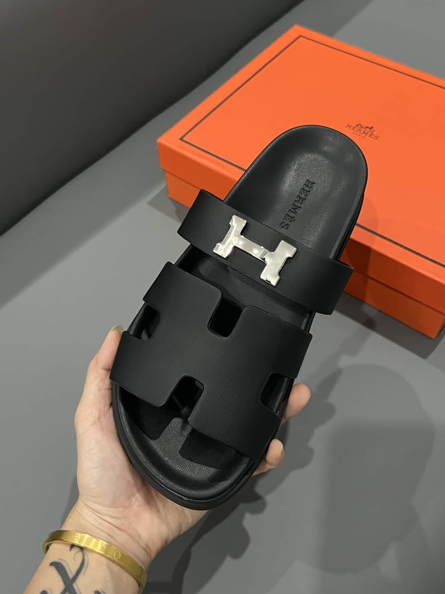 Hermes Chypre Sandal H Logo Silver Hardware Black