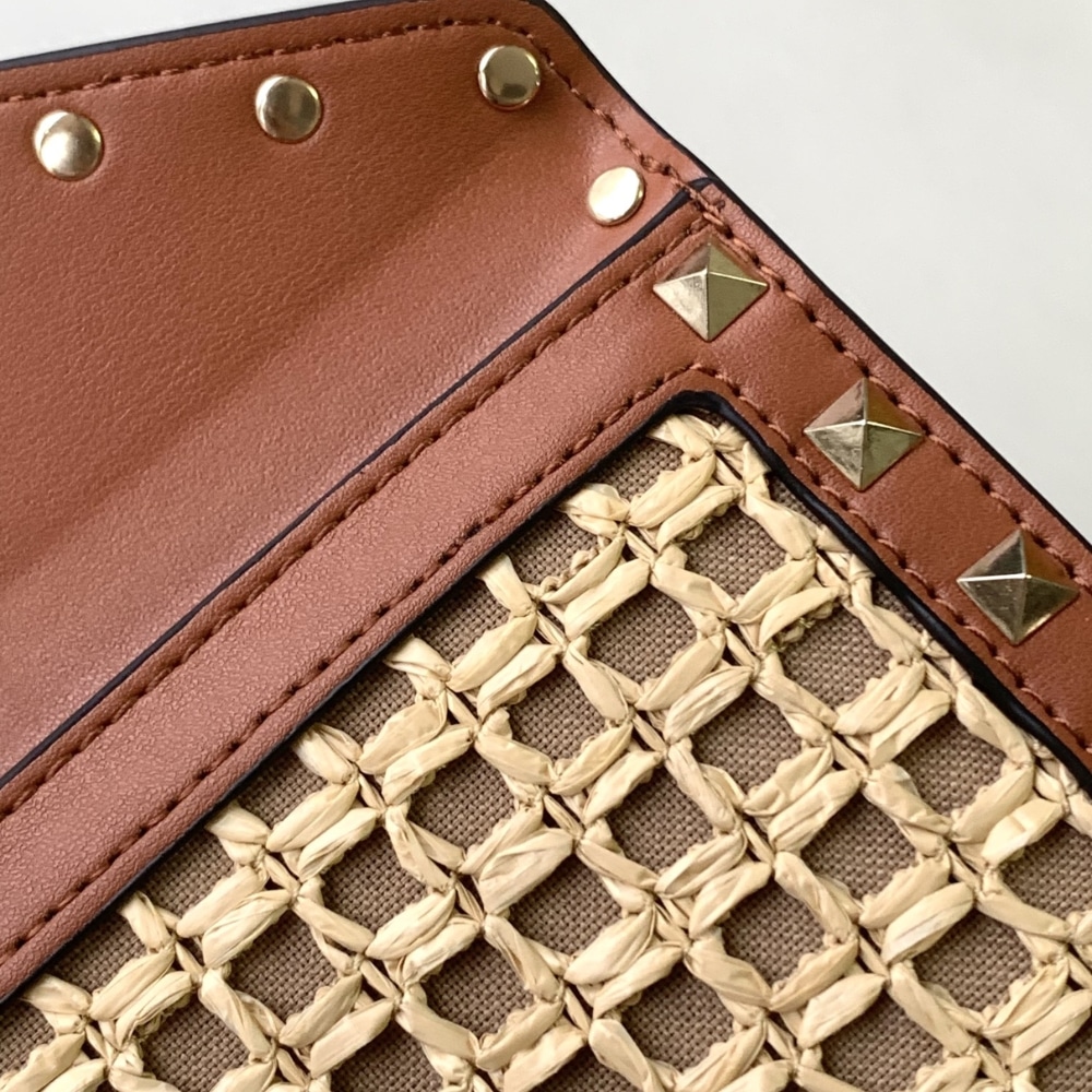 Valentino Garavani Rockstud Raffia Clutch Bag In Brown 28Cm
