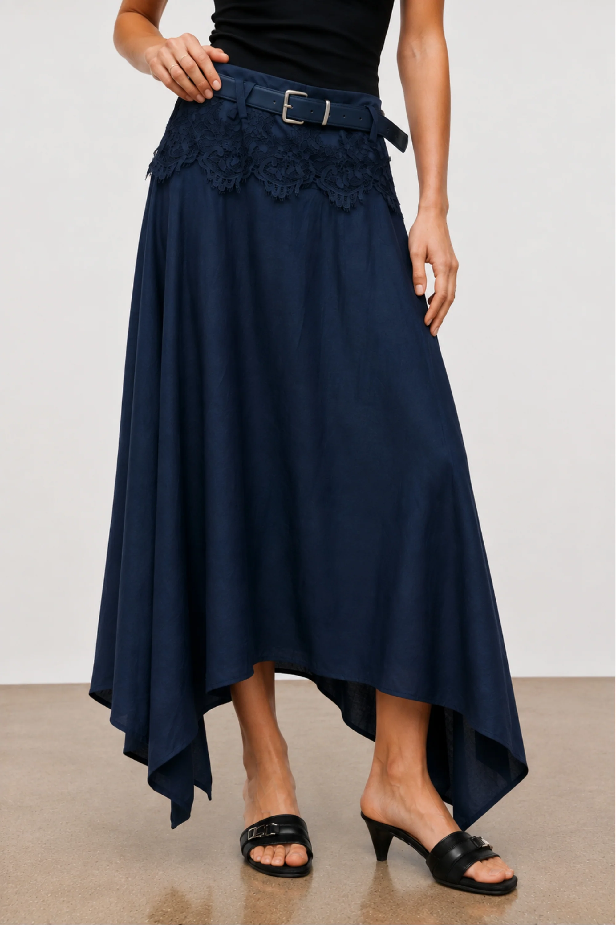 Navy Lace Asymmetric Belted Skirt
