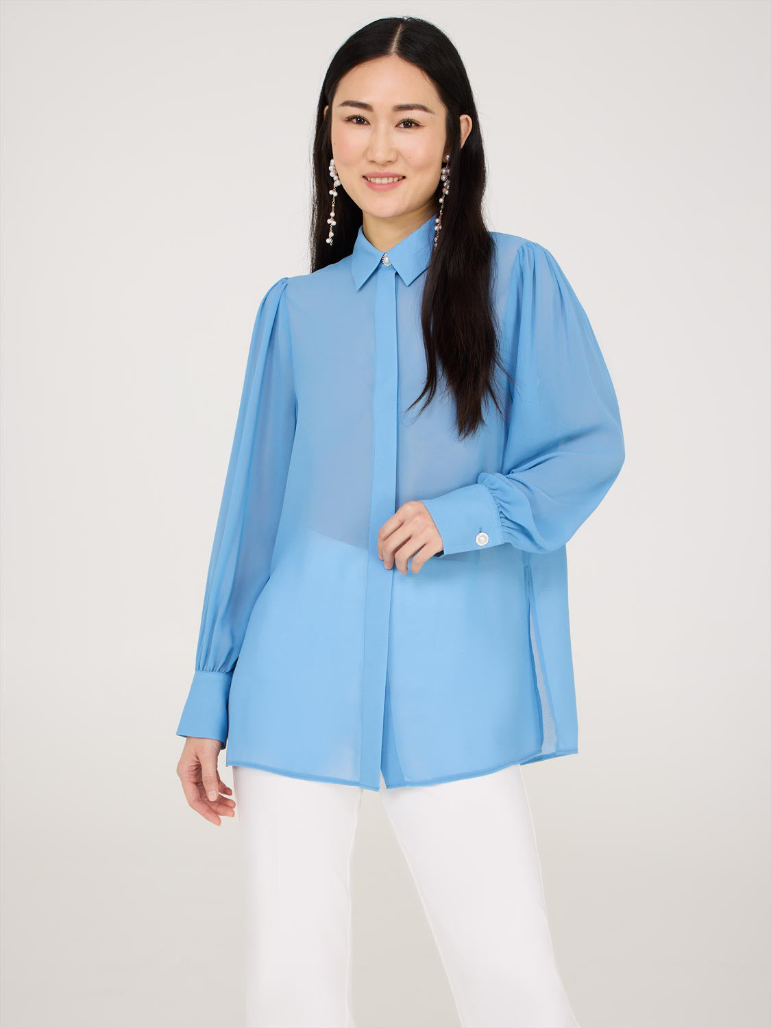 Button-Front Chiffon Tunic Blouse