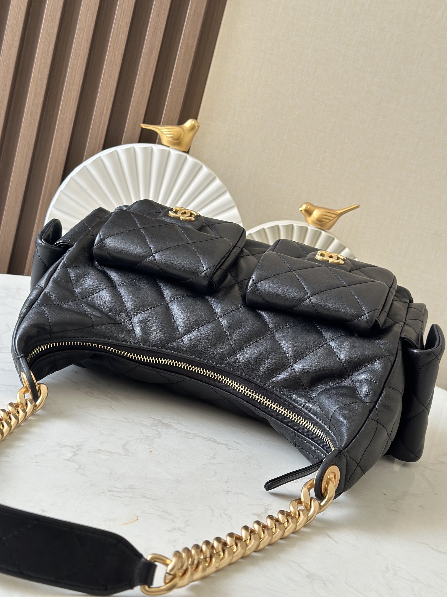 Black Quilted Lambskin Multi-Pocket Hobo Bag with Gold Hardware