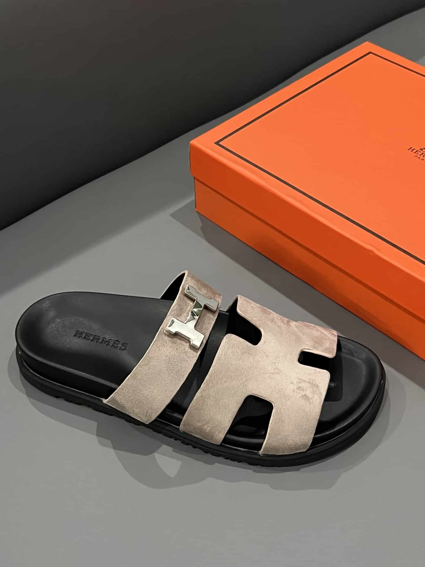 Hermes Chypre Sandal Suede H Logo Silver Hardware Light Brown