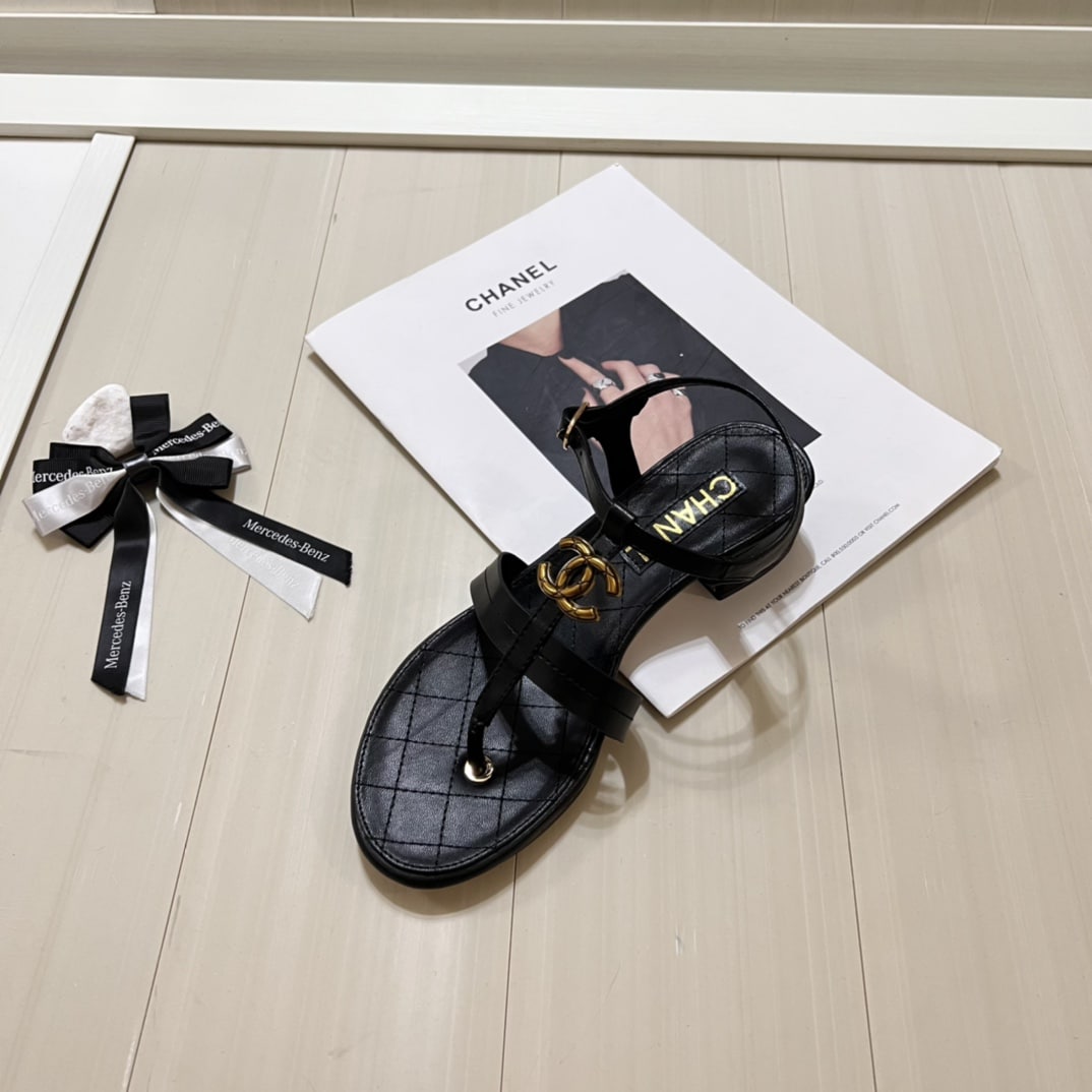 Chanel Sandal Open Round Toe Flip Flops Black