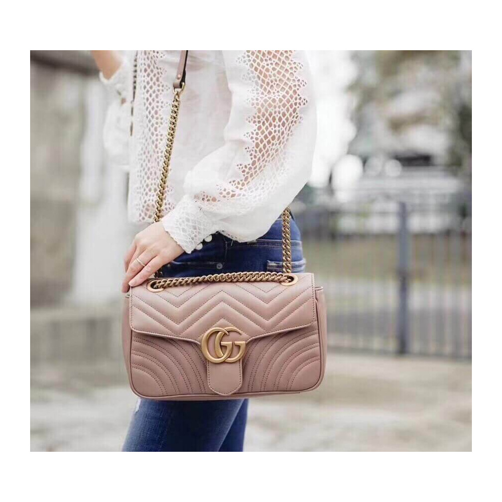 Gucci GG Marmont Matelasse Chevron Leather Small Shoulder Bag Nude Pink