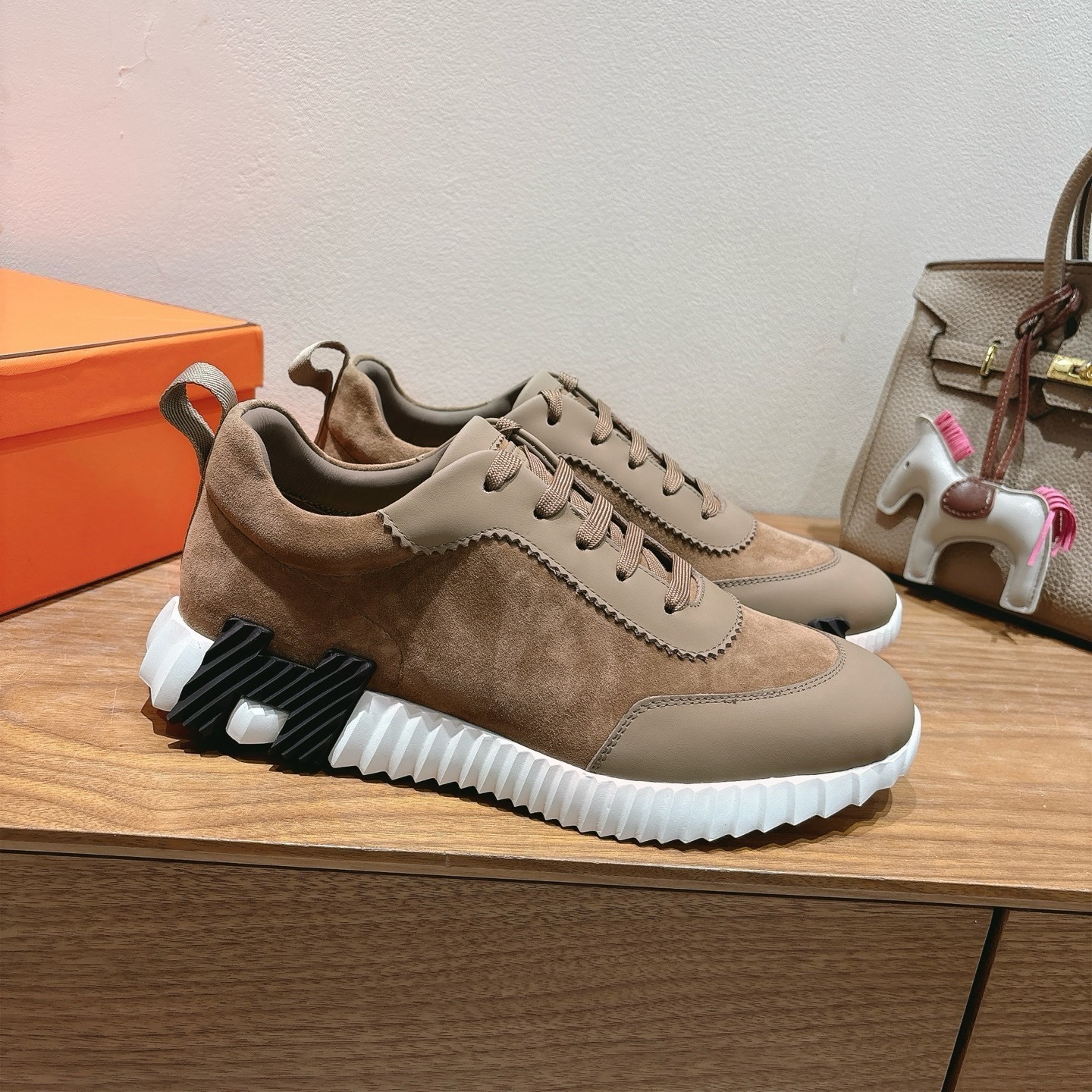 Hermes Bounce Sneakers In Suede And Calfskin Brown- Shoes for Men