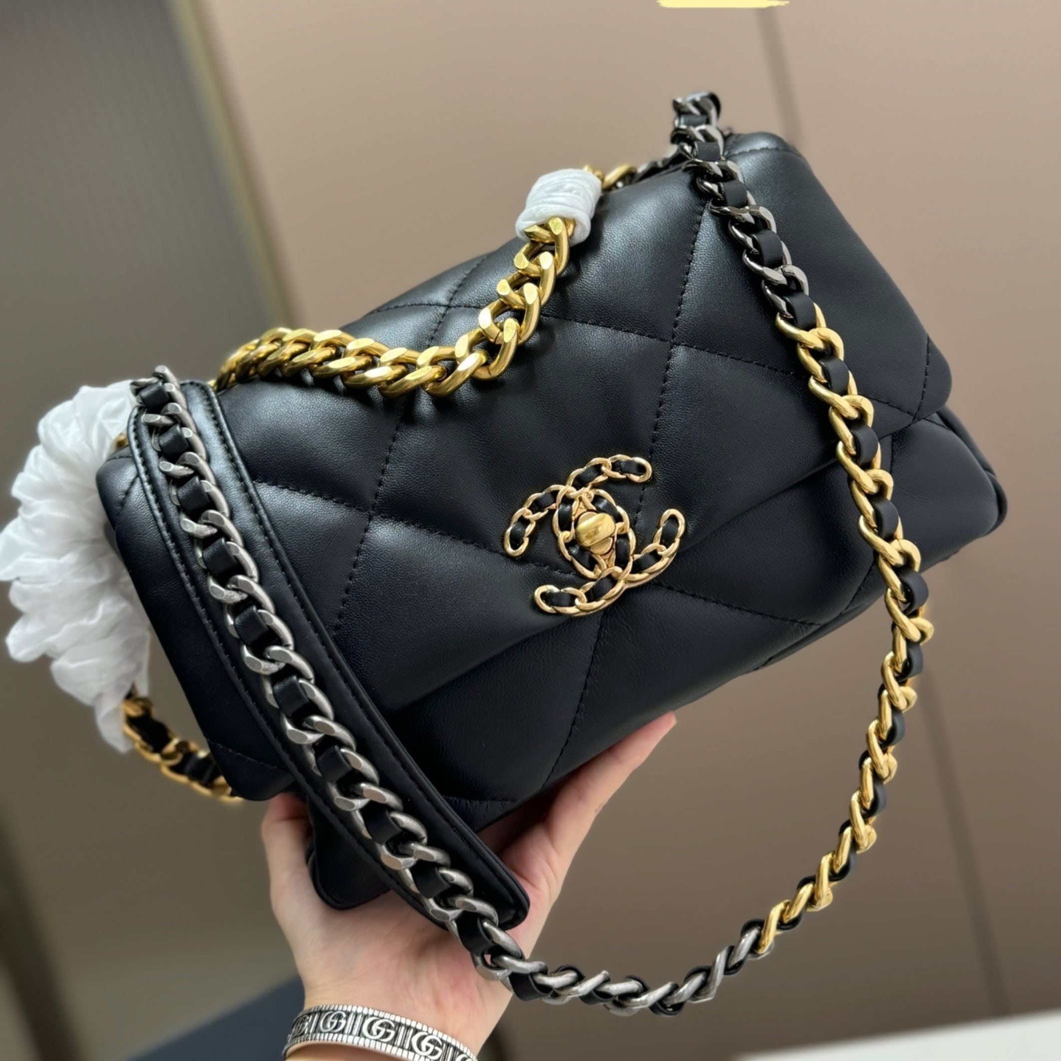 Chanel 19 Handbag Shiny Gold And Silver Tone Black 26Cm AS1160 B04852 94305
