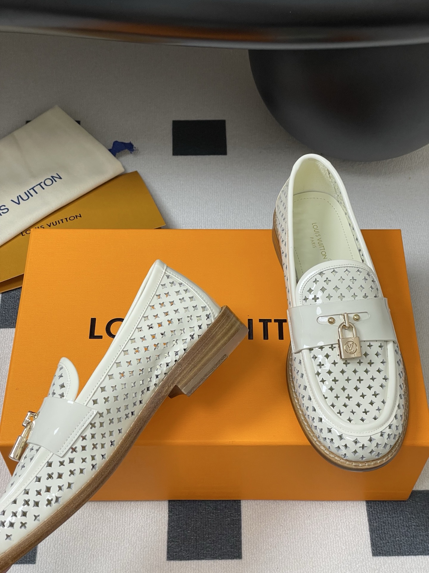 Louis Vuitton Chess Flat Loafer White Monogram Embroidered with Gold Padlock 1AGXRV