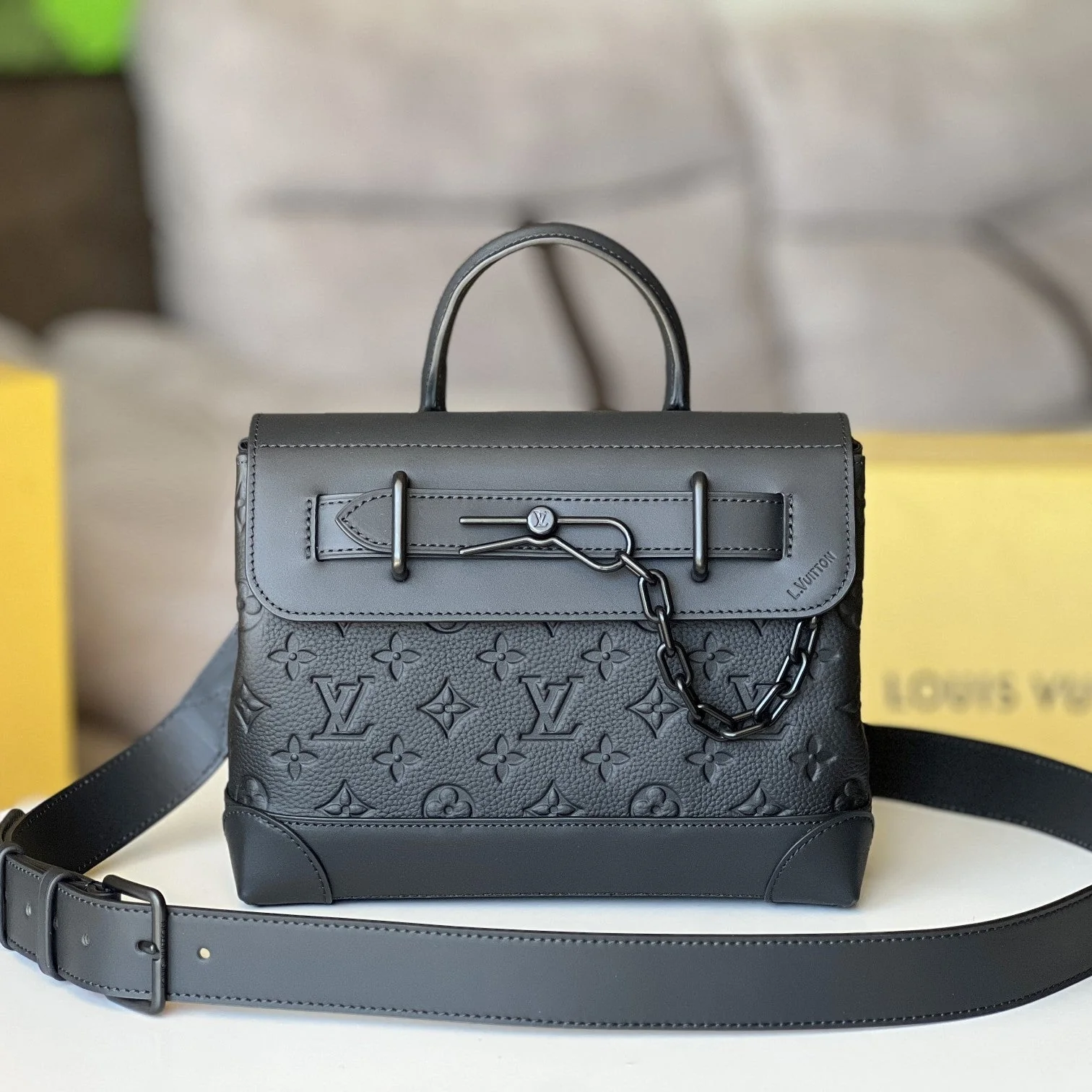 LV Steamer PM Bag 25cm Black Taurillon Monogram Leather