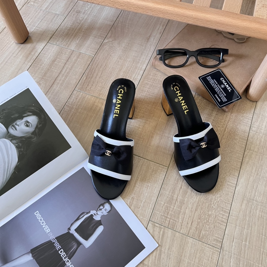 Chanel Grosgrain Ribbon Bow Mule Leather Gold Black