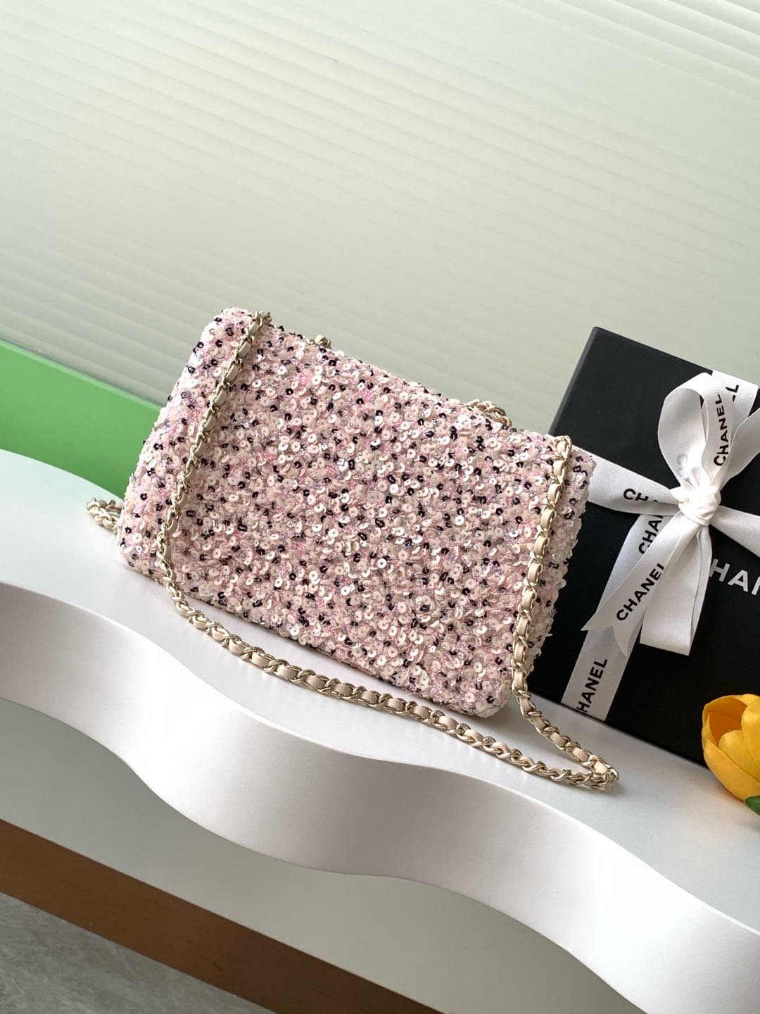 Classic Flap Mini in Light Pink Sequin