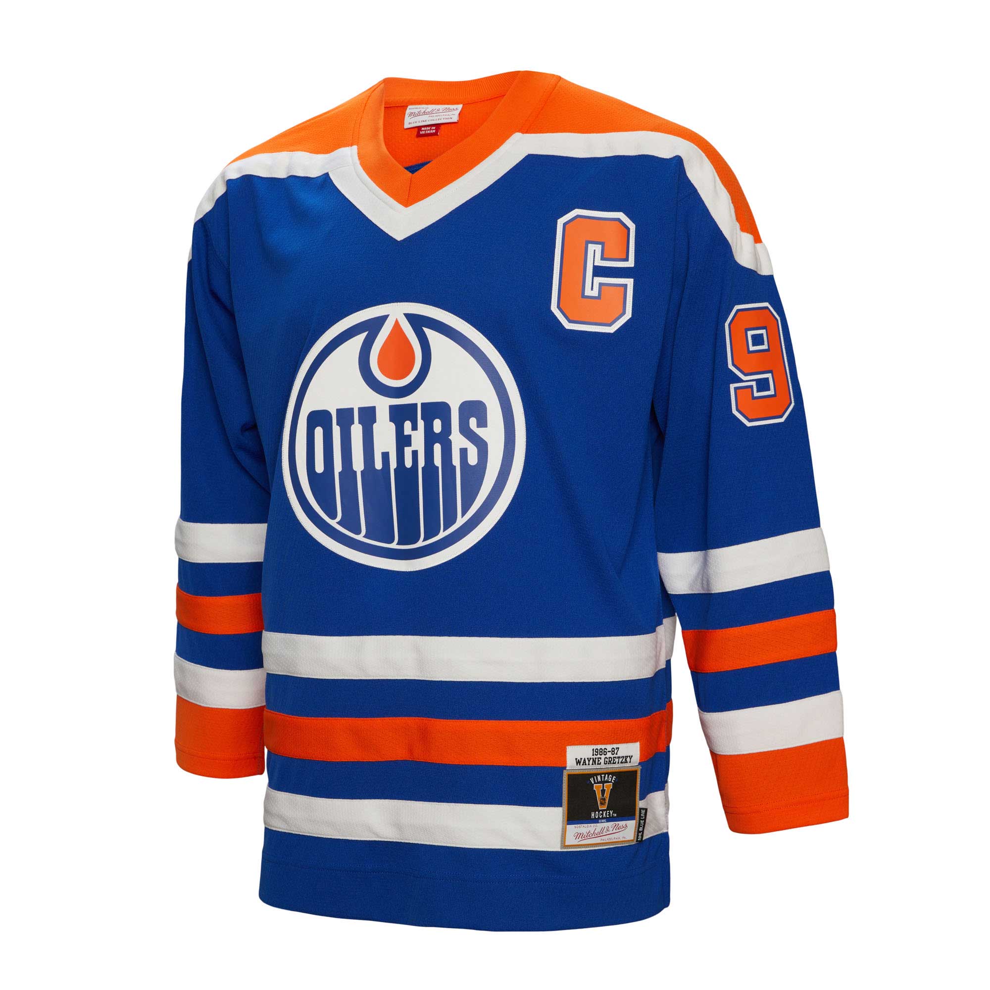 Wayne Gretzky Edmonton Oilers Mitchell & Ness Big & Tall 1986 Captain Patch Blue Line Player Jersey – Royal