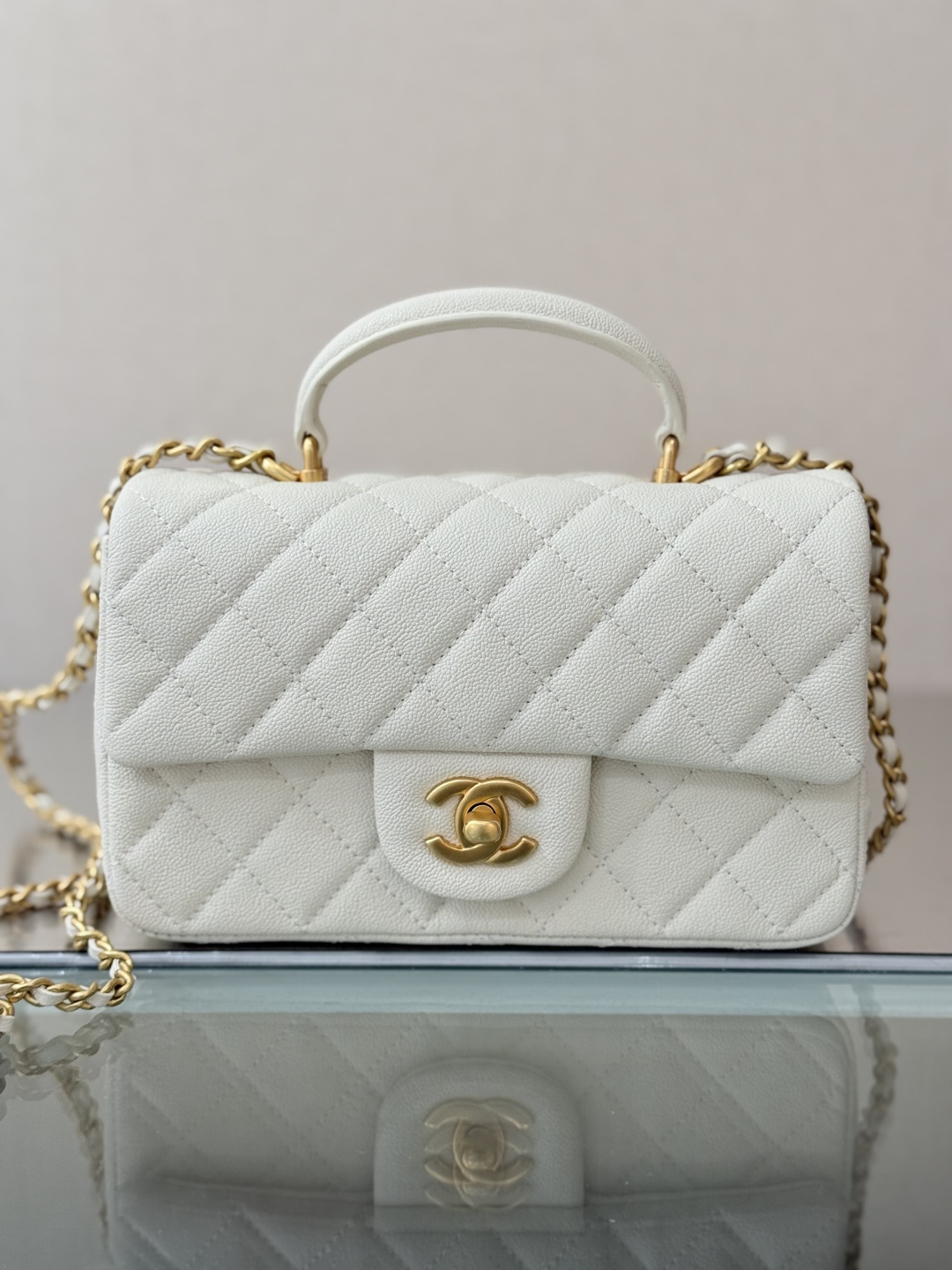 2025C CC Top Handle Small Bag (AS5265) in White Grained Calfskin with Antique Gold-Tone Hardware