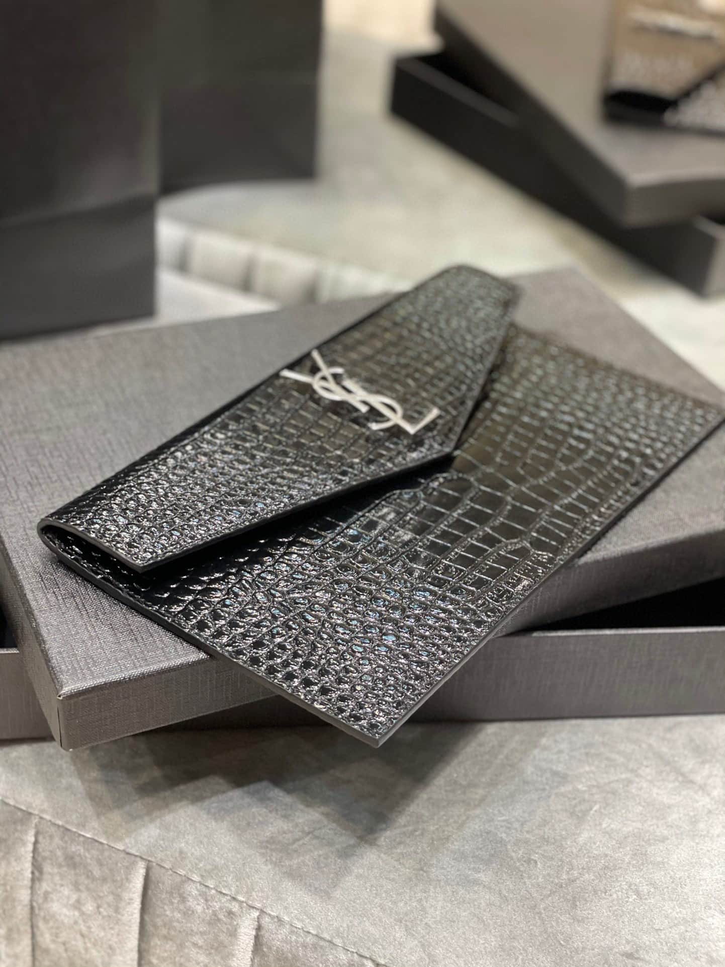 Saint Laurent Uptown Pouch In Crocodile Embossed Shiny Leather