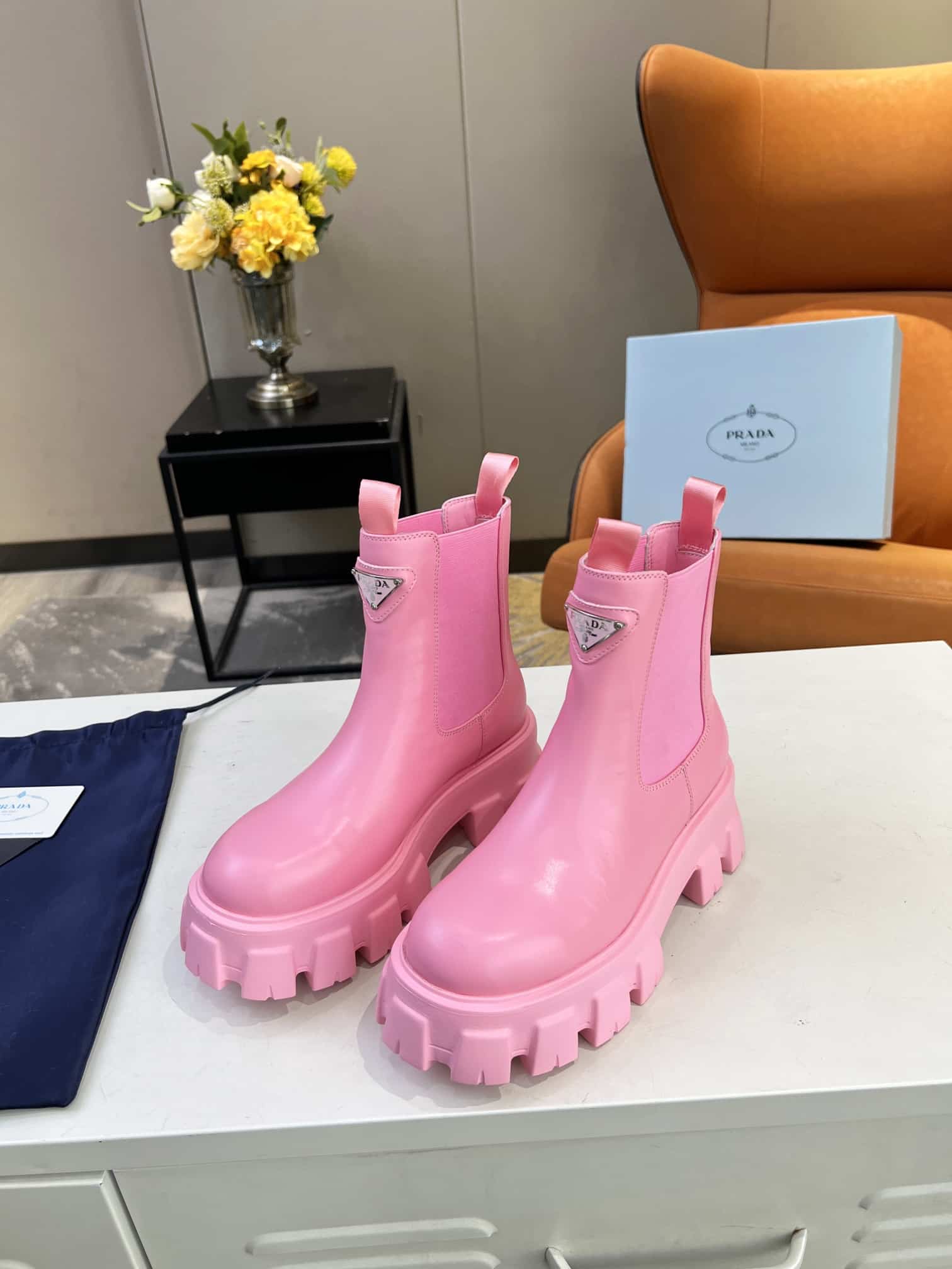 Prada Monolith Brushed Leather Booties Pink