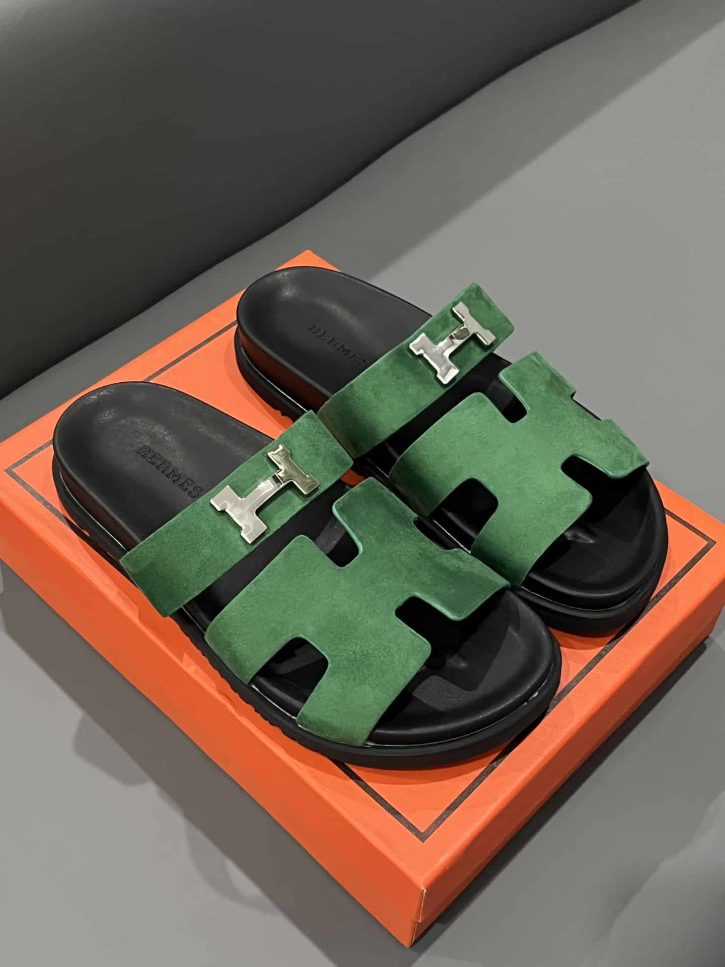 Hermes Chypre Sandal Suede H Logo Silver Hardware Green