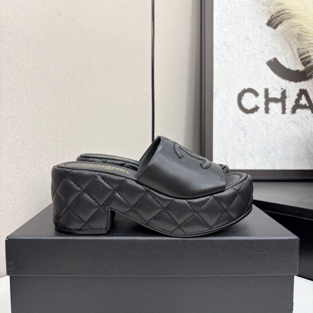 Chanel CC Embossed Logo High Heel Mules in Black Quilted Calfskin