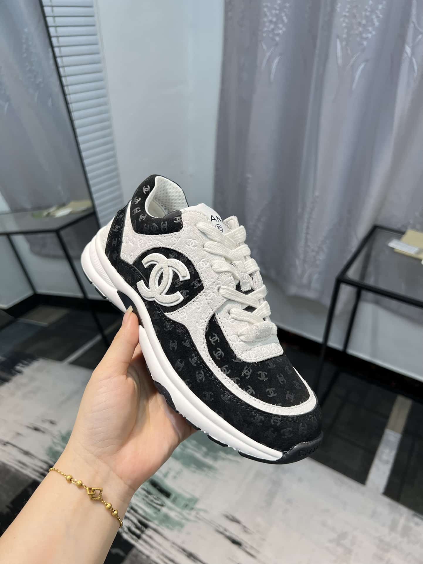 Chanel Cc Embossed Logo Suede Black White