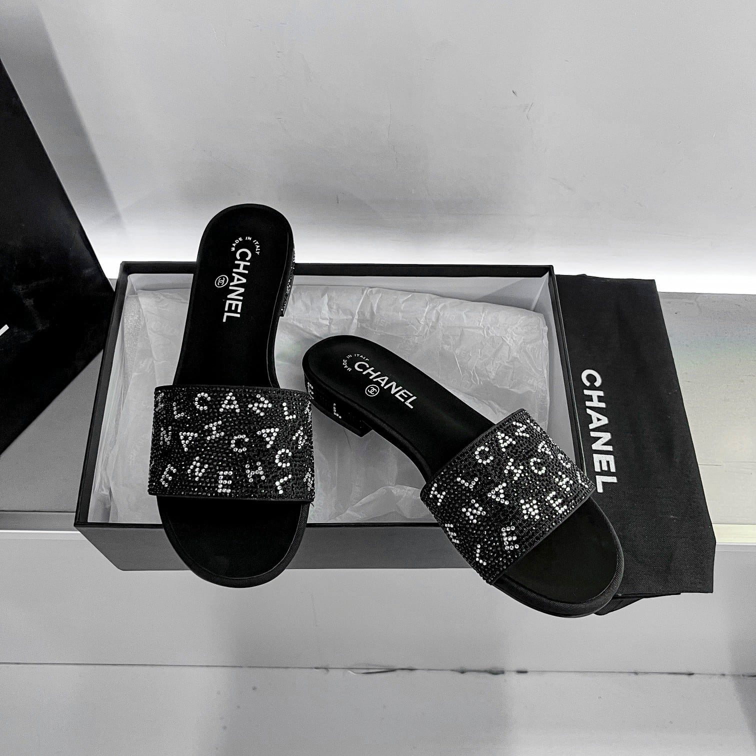 Chanel 24P Beaded Diamond Logo Slippers Black