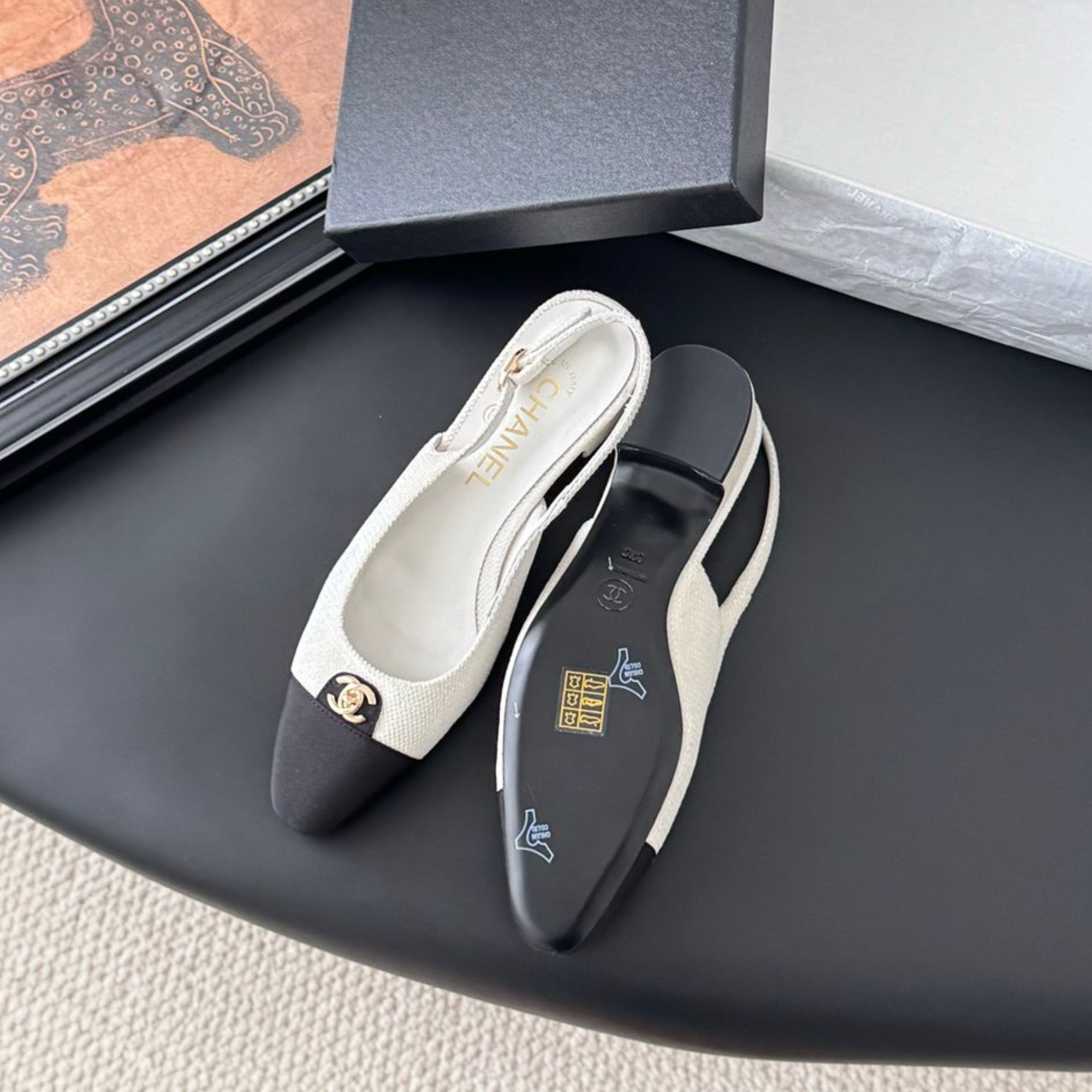 Chanel Iridescent Tweed Cap Toe CC Slingback Flats White Black