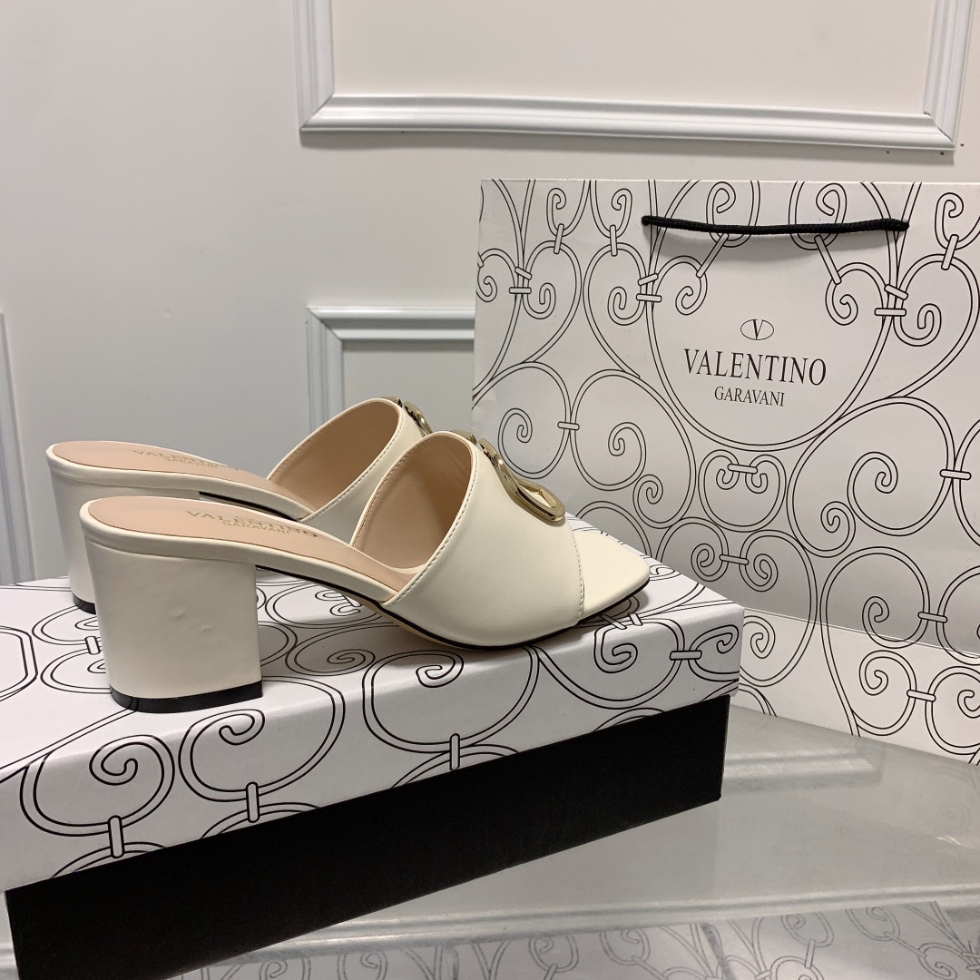 Valentino VLogo Signature Square-Toe Mid-Heel Slide Sandals – White