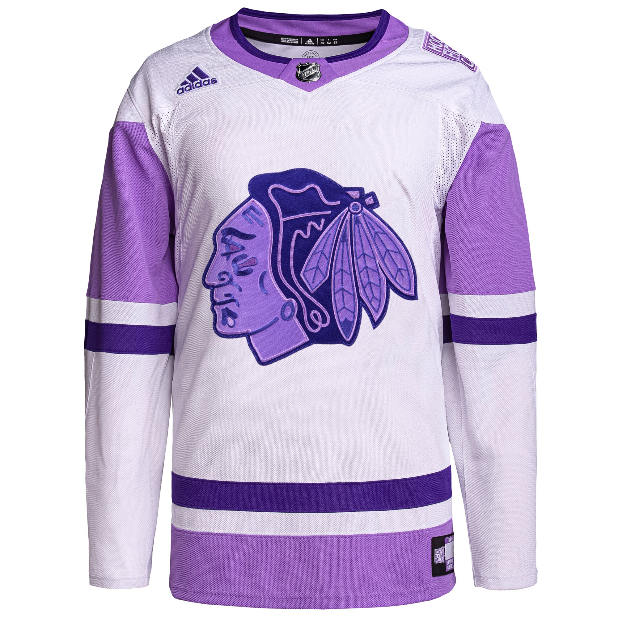 Chicago Blackhawks adidas Hockey Fights Cancer Primegreen Authentic Blank Practice Jersey – White/Purple
