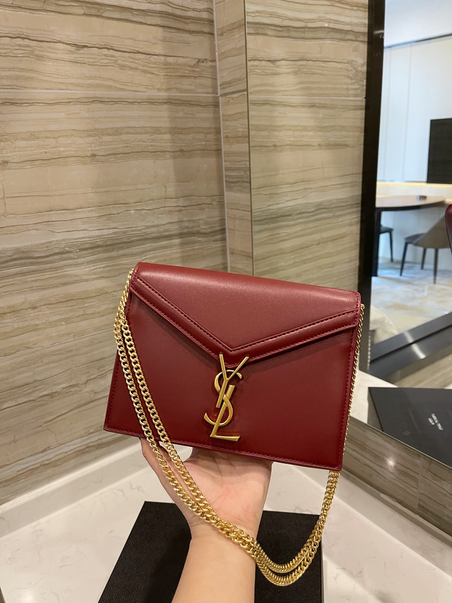 Saint Laurent Cassandra Chain Crossbody Bag Wine Red