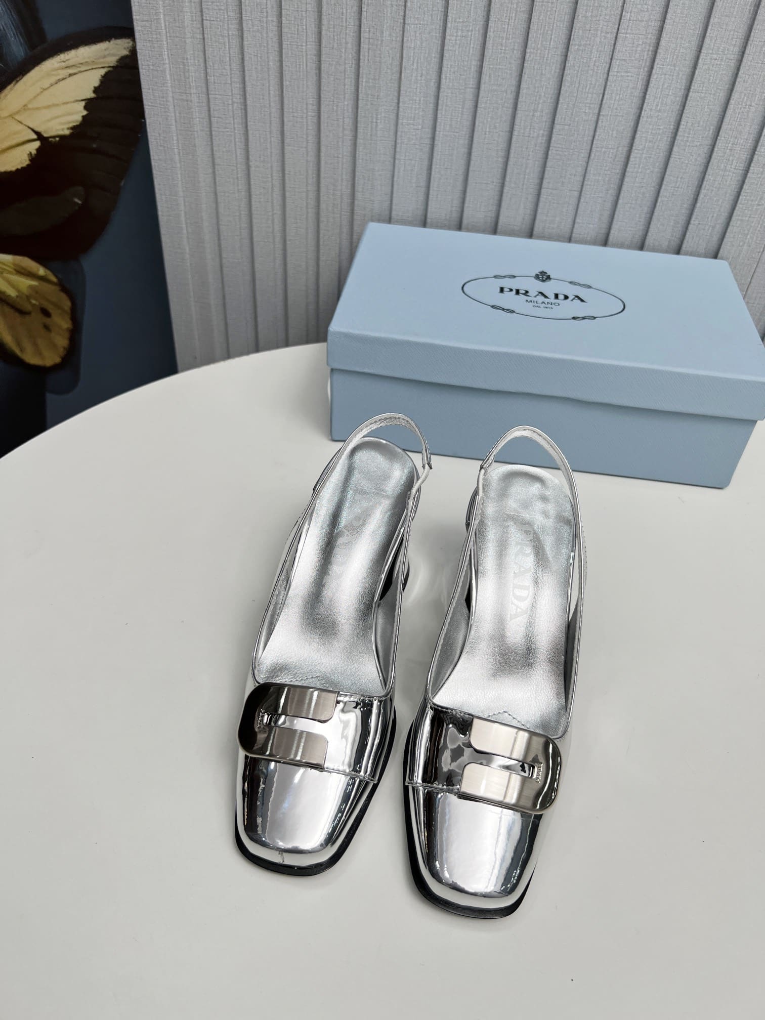 Prada Leather Slingback Pumps Silver