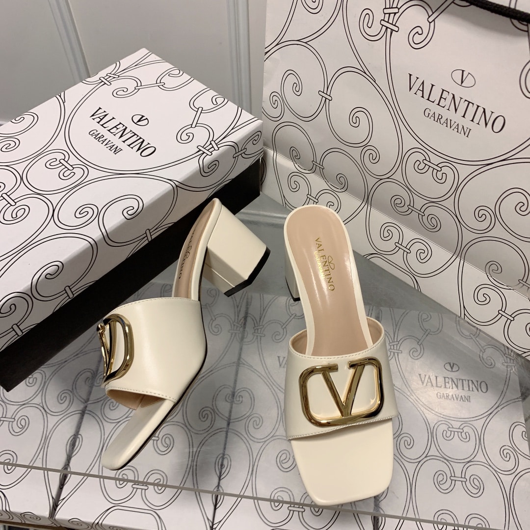 Valentino VLogo Signature Square-Toe Mid-Heel Slide Sandals – White