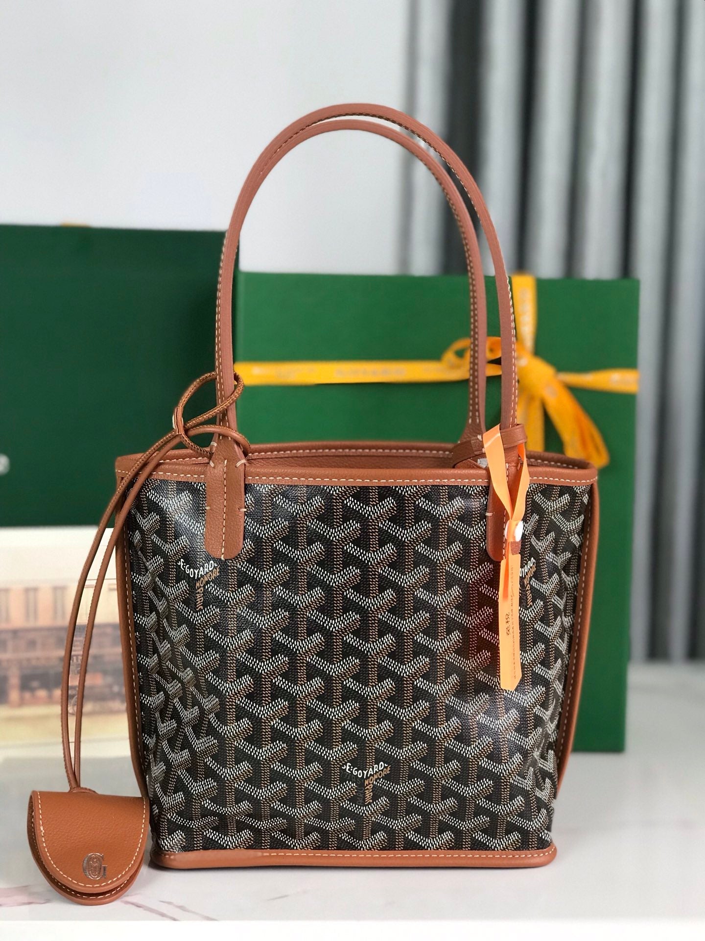Goyard Anjou Mini Bag 20 Cm Tan Calfskin And Black Goyardine Canvas