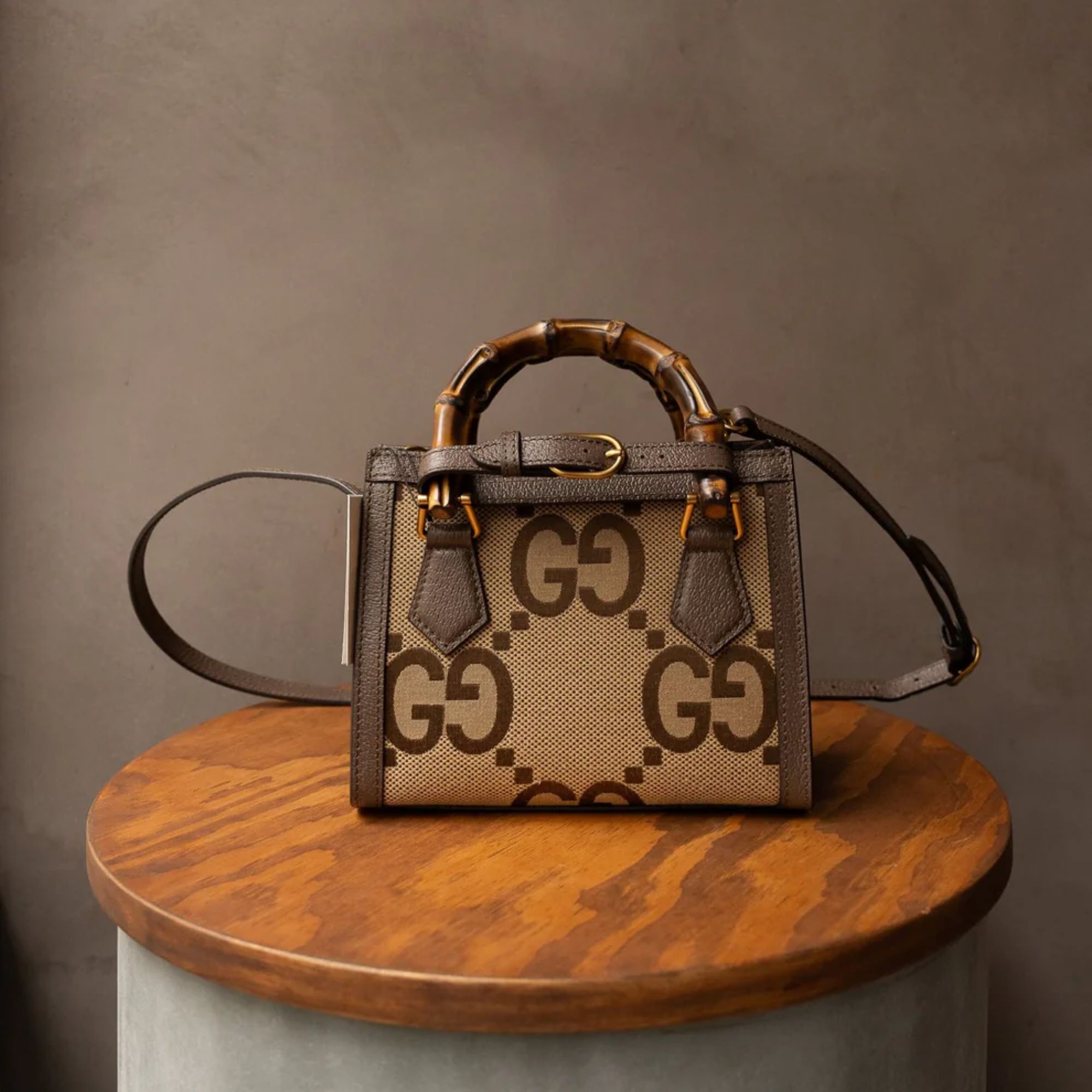 Gucci Diana Jumbo GG Mini Tote Bag Camel Brown Canvas 20cm