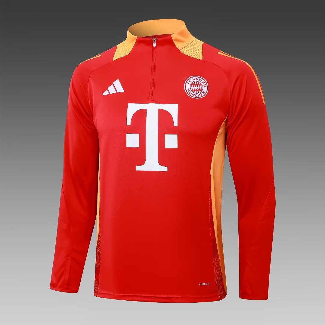 2024/2025 Bayern Munich Half-Pull Training Suit Red(Yellow collar)Football Shirt 1:1 Thai Quality