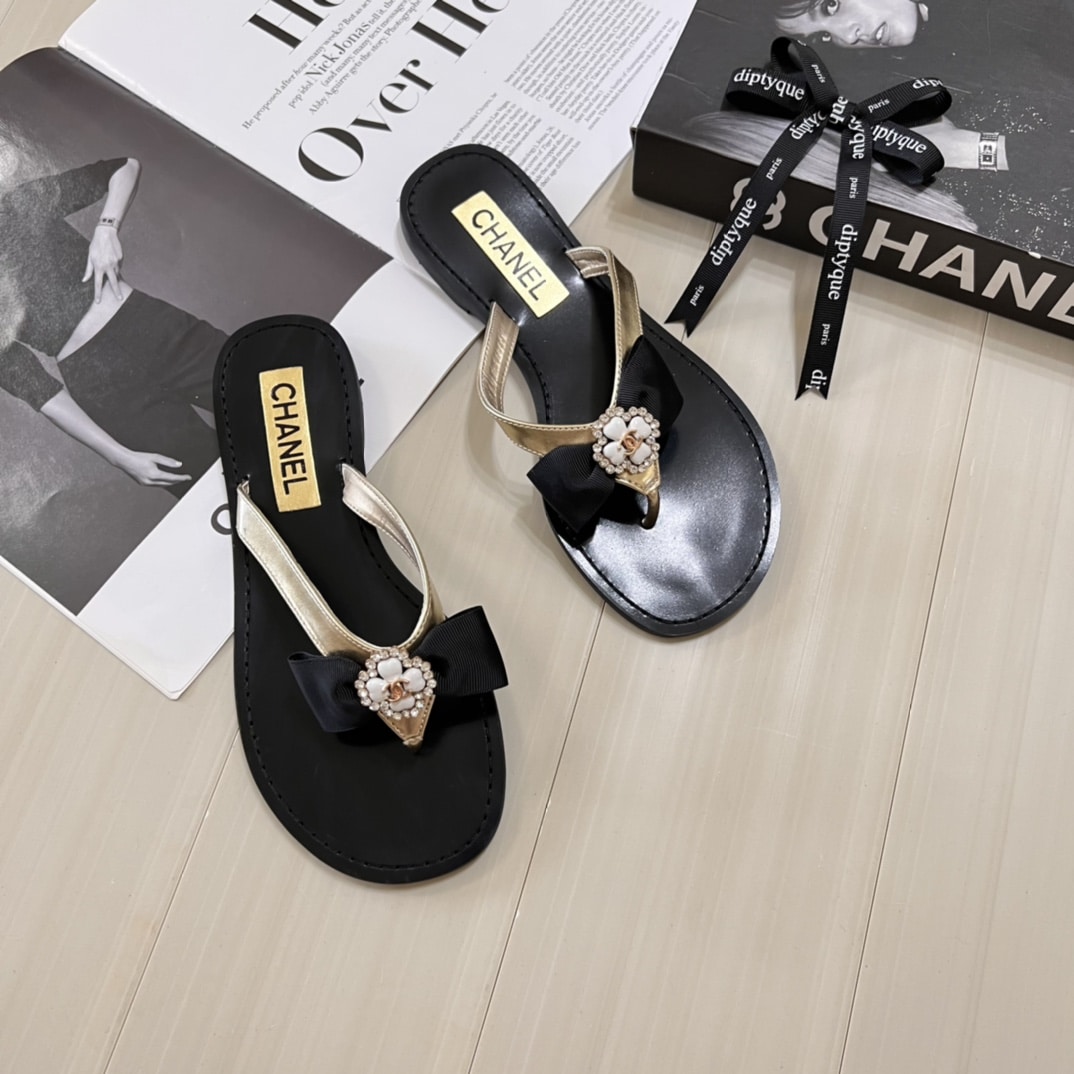 Chanel Thong Slide White Camellia Cc Logo Bow Black