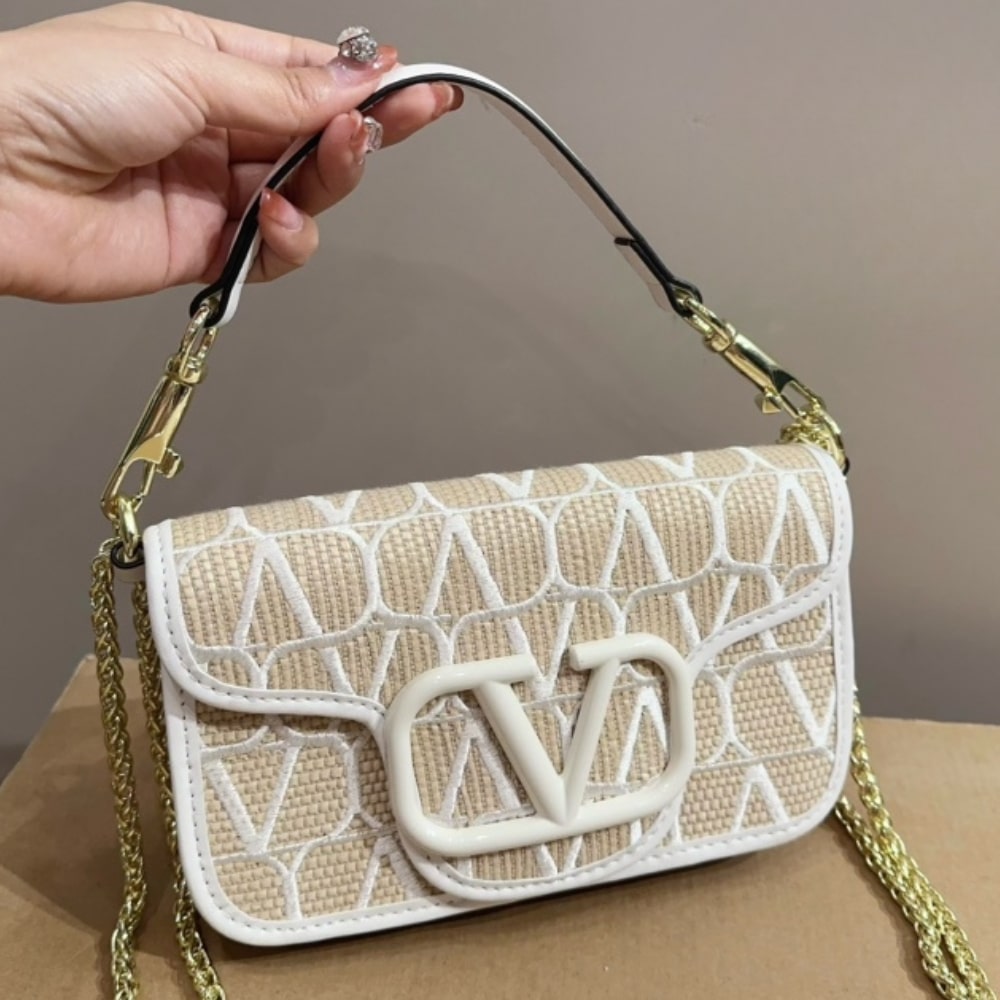 Valentino Valentino Garavani Locò Toile Iconographe Raffia Shoulder Bag Natural 20Cm