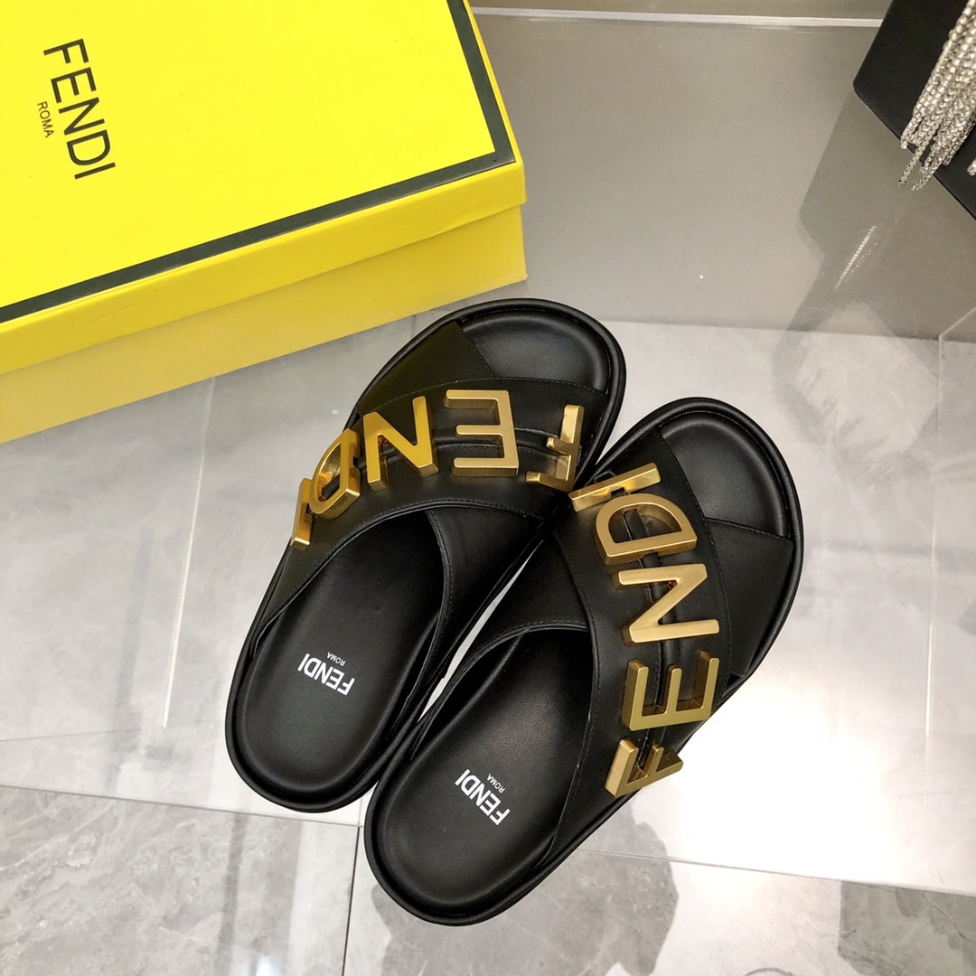 Fendi Fendigraphy Leather Slides Black 8X8289Ai1Rf1H1K