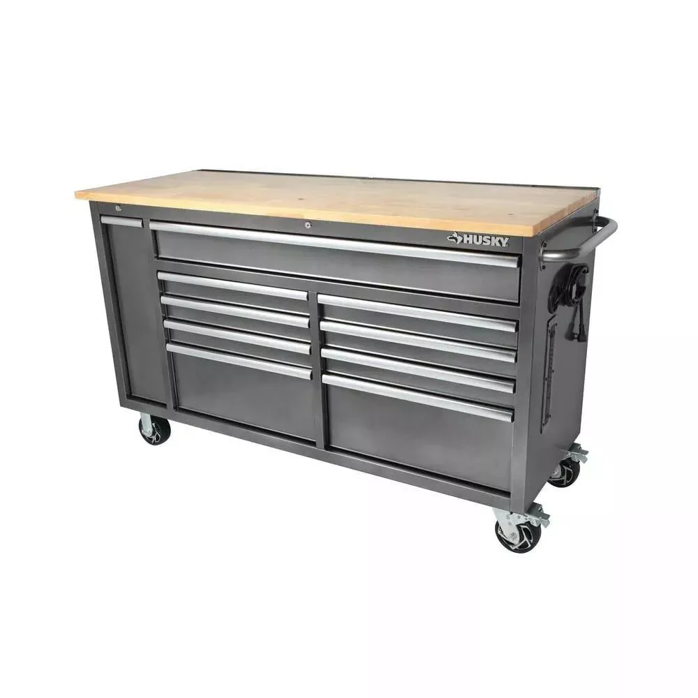 Husky 72 in. x 24 in. D Standard Duty 18-Drawer Mobile Workbench Tool Chest with Solid Wood Top in Stainless Steel
