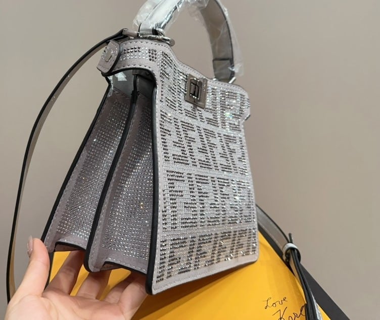 Fendi Peekaboo Iseeu Petite Silver Leather Bag With Crystal Ff Motif 21Cm