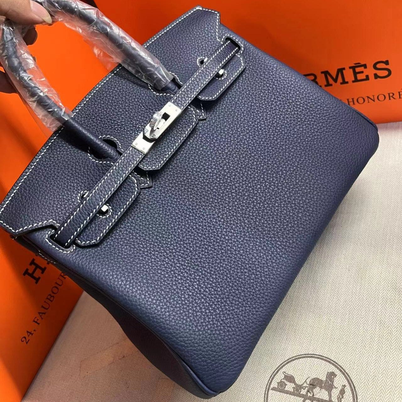 Hermes Birkin 25Cm Navy Blue Togo Leather Silver Hardware